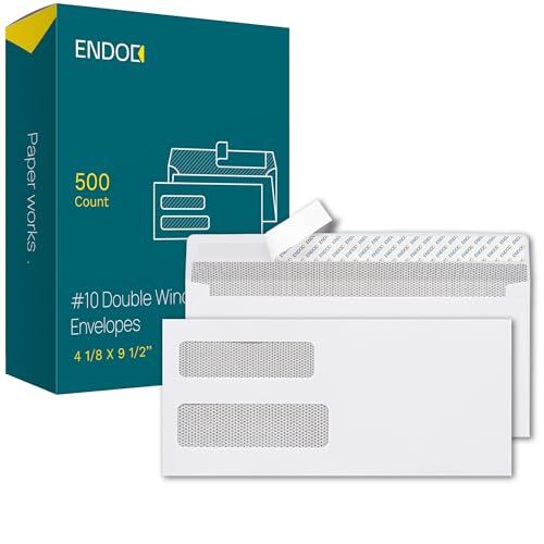 EnDoc 500#10 Double Window Envelopes Self Seal, 4 1/8 x 9 1/2" Security Envelopes for Invoices & Statements, Business Mailing Envelopes Privacy Tinted, Bright White 24lb Paper Envelopes no. 10