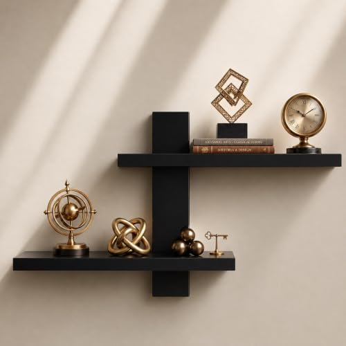 Image of Wooden Floating Wall Shelf for Living Room Bedroom, Office & Home Decor MDF Engineered Wood Storage Shelf (Black)