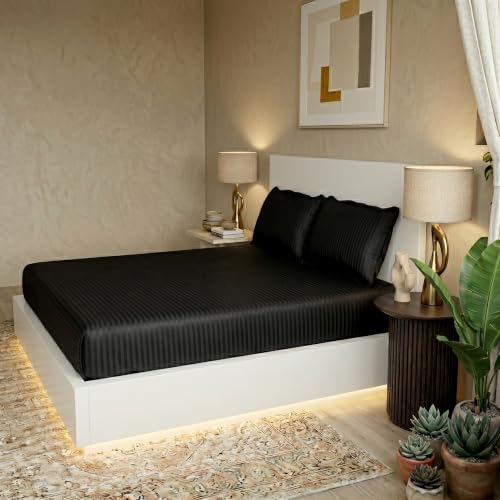 Image of Filymore Double Bed Bedsheet with 2 Pillow Covers, 300 TC Soft Microfiber Satin Striped Bedsheet, Black Striped Bedcover for Double Bed, Breathable & Comfortable Bedding Set (90x90 Inches)