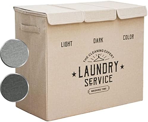 DuneDesign 3 Section Laundry Basket Biege with Lid - 84L Foldable Laundry Sorter 3 Compartments for Bedroom Bathroom Baby - 3 Part Laundry Separator Basket - Wash Bin Lights and Darks