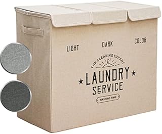 DuneDesign 3 Section Laundry Basket Biege with Lid - 84L Foldable Laundry Sorter 3 Compartments for Bedroom Bathroom Baby - 3 Part Laundry Separator Basket - Wash Bin Lights and Darks