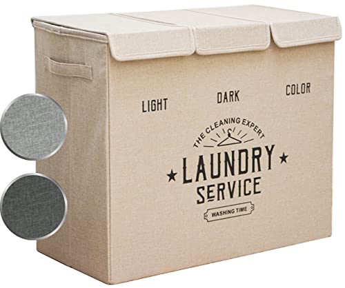 DuneDesign Panier a Linge 3 Compartiment - 84L Trieur de Linge avec Couvercle - Rangement Salle de Bain - Paniere a Linge Sale Bebe Enfant - Buanderie Meuble - Organisateur de Maison - Bac a Linge