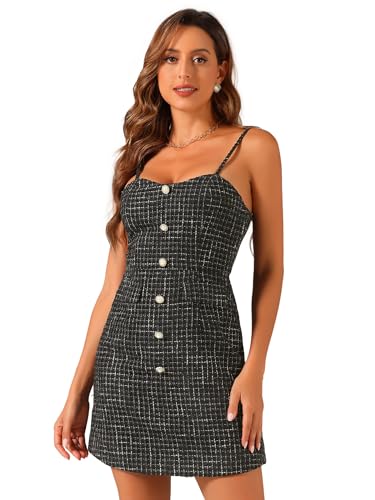 Image of Allegra K Plaid Dress for Women's Button Decor Spaghetti Strap Tweed Dresses