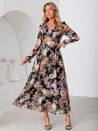 Simplee Womens Long Sleeve Boho Floral Wedding Guest Chiffon Maxi Dress,Black L — view 4
