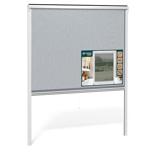 VOUNOT® Store Moustiquaire Fenêtre Enroulable en PVC Recoupable avec Maille en Fibre de Verre Store Moustiquaire Installation Facile L150 x H160 cm Blanc