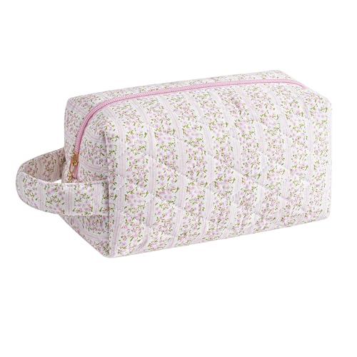 Makeup Bag Travel Cosmetic Bag for Women, Zipper Make Up Pouch, Floral Flowers Toiletry Organizer Makeup with Handle, Cosmetic Travel Cloth Bag (Pink Floral)