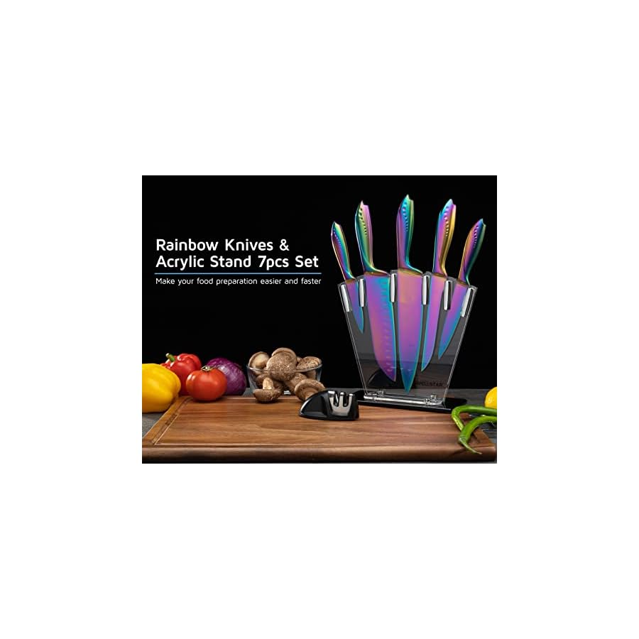 WELLSTAR-Rainbow-Knife-Set-7-Pieces-Iridescent-German-Stainless-Steel-Kitchen-Knives-Set-with-Acrylic-Stand-Holder-Colorful-Titanium-Coating-Chefs-Knife-Block-Set-with-2-Stage-Mini-Knife-Sharpener WELLSTAR Rainbow Knife Set 7 Pieces, Iridescent German Stainless Steel Kitchen Knives Set with Acrylic Stand Holder, Colorful Titanium Coating, Chef’s Knife Block Set with 2 Stage Mini Knife Sharpener