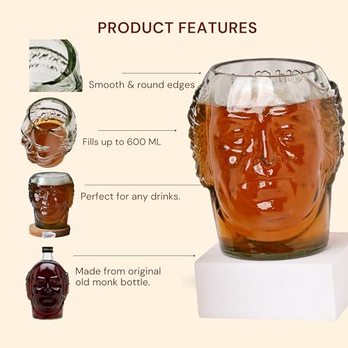 Image of KAVI Old Monk Bottle Upcycled Drinking Glasses, | Recycled Glass Tumblers, Eco-Friendly, Durable & Stylish | 600ml, Set of 4