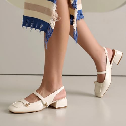 Image of Slingback Mary Jane Heels for Women Low Block Heel Closed Square Toe Pump Shoes Heels Classic Daily Office Dressy Shoes