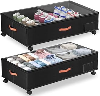 Under Bed Storage with Wheels,2-Pack Under Bed Storage Containers with Clear Lids,XXL Large Under the Bed Storage Organizer Bins With Handles,Space Saving Design for Clothes,Shoes,Books-Black