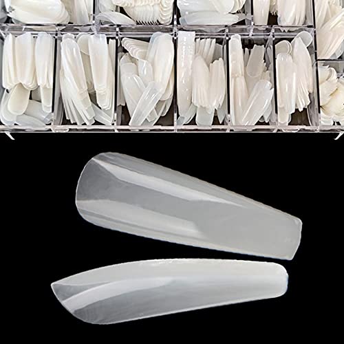 Natural acrylic nail tips Coffin shape full cover nail tips Coffin long false nail tips 504pcs in 10 size…(NATURAL)