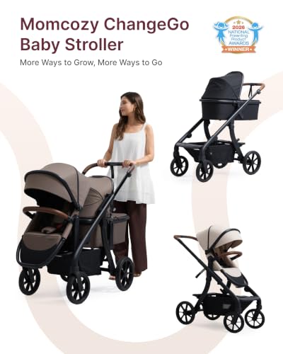 Image of Momcozy ChangeGo Baby Stroller, Convertible Single-to-Double-to-Wagon Stroller with 23 Configurations, Carry-cot and Seat Included, Large PU Wheels, All-Wheel Suspension & Extendable UPF50+ Canopy