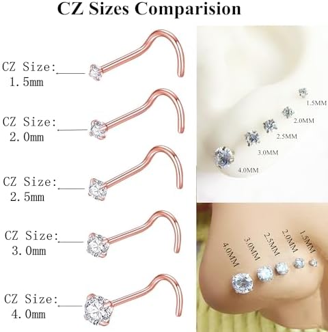 BLESSMYLOVE 316L Surgical Steel 22g/20g/18g Nose Rings Studs L-Shape Nose Nostrial Piercing Body Jewerly L Shaped Nose Studs 1.5mm 2mm 2.5mm 3mm CZ Nose Screw Studs Rings for Women