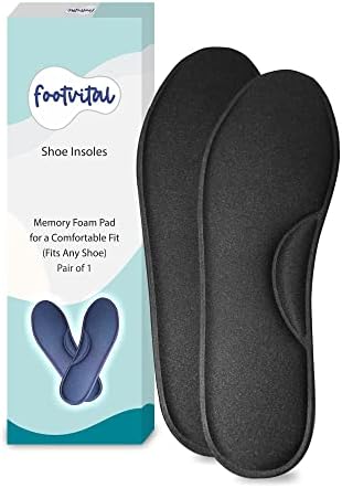 Footvital Memory Foam Shoe Insoles Comfortable Insoles Supports Heel & Arch Absorbs Foot Sweat & Moisture Ultra Soft Cushioned Lightweight Durable Washable Pads for Men & Women Black (1 Pair)(Size-6)