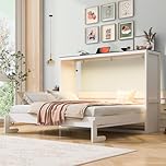Siemd Queen Size Bed Frame with LED Light, Foldable Murphy Bed with Storage Shelf, Hidden Wall Bed Cabinet, No Box Spring Needed, Easy Assembly, White, Without Mattress