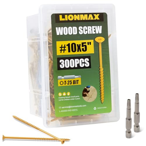 Image of LIONMAX Deck Screws 5 Inch, Wood Screws #10 x 5, 300 PCS, Rust Resistant, Exterior Epoxy Coated, Outdoor Decking Screws, Torx /Star Drive Head Deck Screw, T25 Star Bit Included, Tan