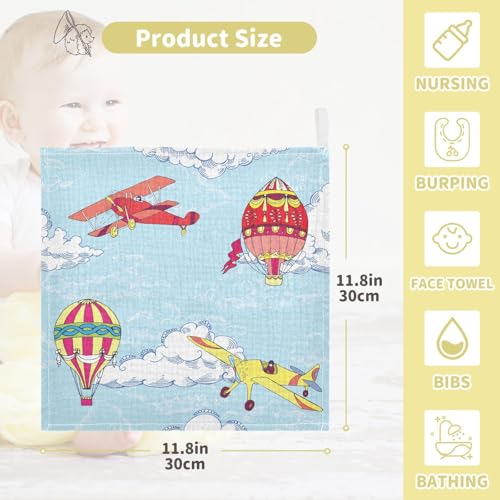 Image of vvfelixl Hot Air Balloons Airplanes Baby Burp Cloths Baby Muslin Washcloths for Boys Girls Cotton Baby Face Towel for Newborn Infants Soft and Absorbent 11.8 X 11.8 in, 5 Pack