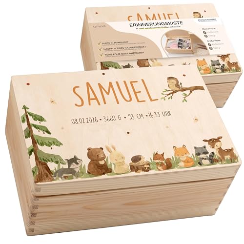 KIDSMOOD - Erinnerungsbox Baby, personalisierte Holzkiste mit Deckel, Ideal zur Aufbewahrung von Erinnerungen und als Geschenk zur Geburt, Taufe oder als Geburtstagsgeschenk für Mädchen und Jungen