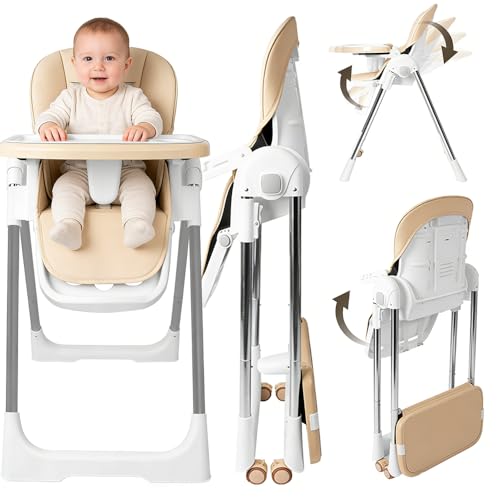 Chaise haute bébé pliante 4en1, 4 Positions d'Inclinaison, Hauteur réglable, Chaise haute enfant avec plateau amovible et roulettes, évolutive avec ceinture à 5...