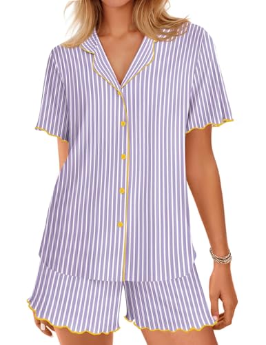 Image of Ekouaer Button Up Pajamas Set for Women Short Sleeve Ribbed Knit Sleepwear 2 Piece Pjs Shorts Set