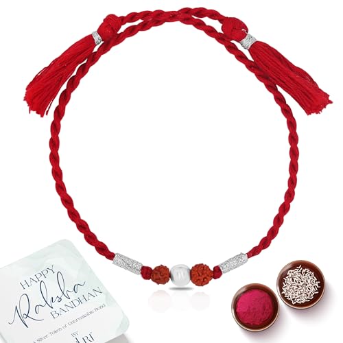 Image of Unisex-Adult Pure 925 Silver Rudraksha Rakhi For Rakshabandhan | Stylish Silver Rudraksha Rakhi For Brother With Roli (Kumkum) Chawal (Rudraksh)