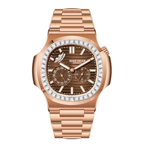 Men's Luxury Square Automatic Watch - Rose Gold Stainless Steel, calendar, 24-Hour Dial, Second hand Display，Sapphire Crystal, Waterproof Automatic Bracelet Watch,Business Wristwatch for Men (RGA2019-PGPD)