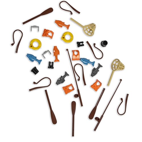 Brick Loot Fishing Boat Accessories Pack for Minifigures, Mini Fish, Fishing Poles, Oars, Life Jackets, Nets, Playset Compatible with Lego and Major Brands, 6+ Kids and Adults