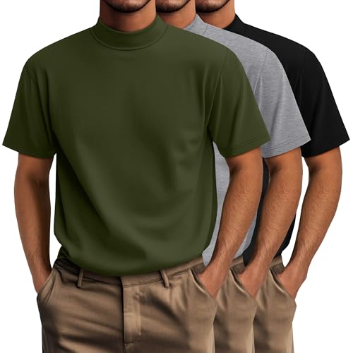 Riyiper 3 Pack Big and Tall Men's Mock Turtleneck Shirt Short Sleeve Cotton Basic Tops Slim Fit Casual Undershirt Tops