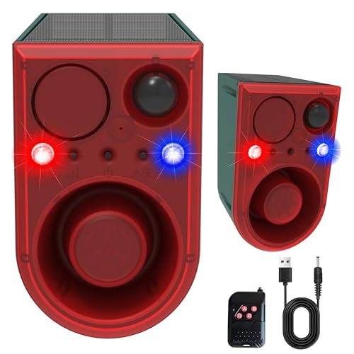 QXMH Solar Outdoor Bewegungsmelder Alarm-Hund Bellen & Schuss Sound, 130db Bewegungsmelder Alarmleuchte, mit Fernbedienung, 13 Arten von Ton Rot & Blau Stroboskoplicht mit USB.Red 2 PCS