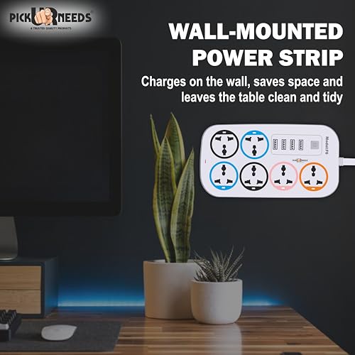Image of Pick Ur Needs Extension Cord /Board /Power Strip with 4 USB Charging Ports and 6 Socket -10 Amp for Multiple Electronic Devices Smartphone Tablet Laptop