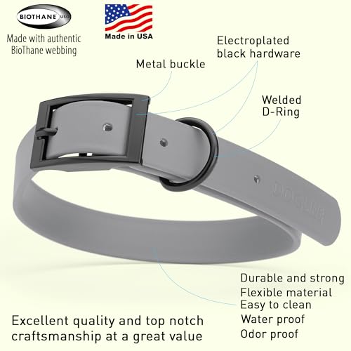 Image of Dogline Biothane Waterproof Dog Collar Strong Coated Nylon Webbing with Black Hardware Odor- Proof for Easy Care Easy to Clean High Performance Fits Small Medium or Large Dogs, Battleship Gray