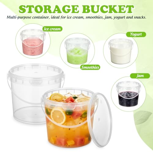 Image of DOITOOL 2Pack Clear Plastic Bucket with Lid and Handle 68 oz / 2L Reusable Ice Cream Tub with Lids, Food Grade Round Plastic Pail Container, Freezer Safe Food Storage Containers for Drinks