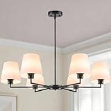 36' Black Dining Room Light Fixture, No Assembly Required 6-Lights Kitchen Chandelier for Dining Room with White Fabric Shade, Chandelier Ceiling Light Fixture for Kitchen Island Bulb Not Included