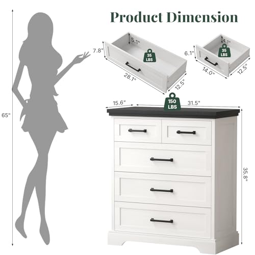 Image of 5 Drawer Dresser for Bedroom, Chest of Drawers with Modern Farmhouse Style, Wood Structure Storage Dresser with Metal Slides, Anti-Tipping Kit and Industrial Decor for Bedroom, Living Room