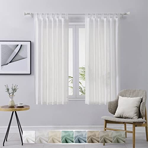 High Woven Linen Blended Curtains For Living Room/Bedroom, Airy Light Filtering Semi Sheer Drapes For Living Room 54 Inch Length 2 Panels, Tab Top Casual Window Panels (White, 52"X54", 2 Panel Sets） #TOP2