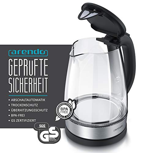 Foto von Arendo - Glas Wasserkocher Glasgow – 1,7 Liter – Edelstahl – Kalkfilter – blaue LED Beleuchtung – 360° Basistation - Überhitzungsschutz Trockengehschutz – GS Geprüfte Sicherheit - BPA frei