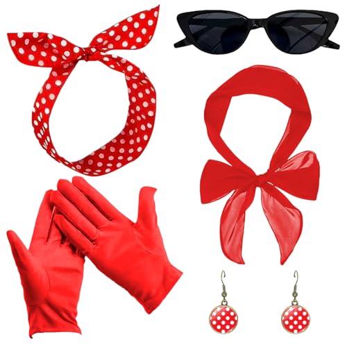 SNBUHA 5 Pcs 50s Costume Accessories, 50s Fancy Dress Kit, Cat Eye Glasses, Polka Dot Bandana Tie Headband Earrings, Red Gloves, 1950s Fancy Costume for Theme Party Supplies Halloween