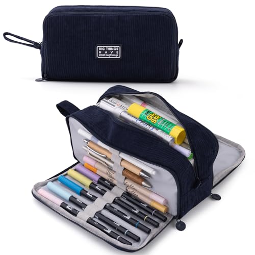Image of CICIMELON Big Corduroy Pen Pencil Case 3 Compartments Pouch Bag for School Supplies Office Travel Organizers, Navy