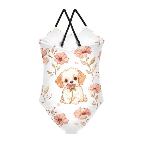 ZZKKO Cute Puppy Dog Flower Girls Swimsuit One Piece Bathing Suit for Baby Girls' Swimwear 3-10T2