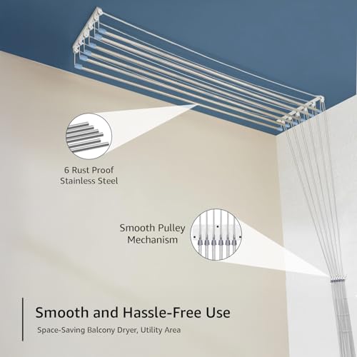 Image of Amazon Basics Heavy-Duty Stainless Steel Ceiling Cloth Dryer (6 Pipes x 5 Feet) with UV-Protected Nylon Ropes - Pulley Operated Drying Rack for Balcony - Space-Saving Design