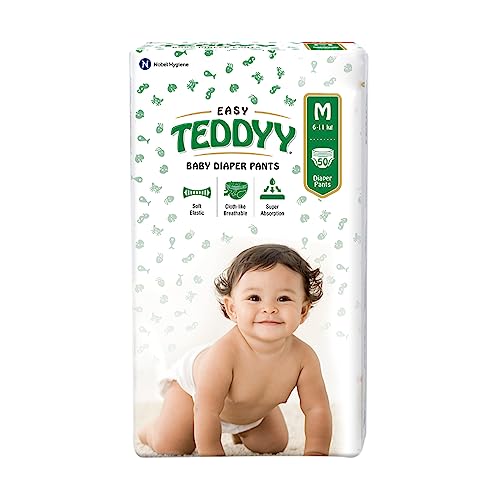 Image of TEDDYY Easy Baby M Size Diaper Pant Style | 50 Count (Medium) | 7-12 kg (Pack of 1) | Long Protection Hours | Anti-Bacterial | Airy Breathable Fit | Rapid Soaker Channels with Wetness Indicator