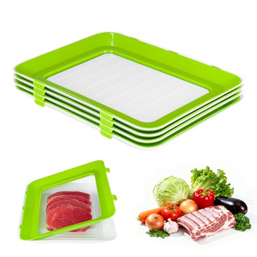 GREENSAPPIRE 4PCS Stretch Fresh Storage Trays Food Storage Trays Food Preserving Trays Stackable Reusable Foods Tray Container with Lid Fresh Trays Storage for Food Preservation (4PCS Green)
