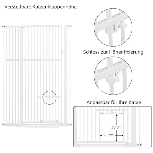 unipaws Hohes Katzengitter Tür, 142 cm hohes Hundegitter mit Katzentür, 95–105 cm breit, druckmontiertes hohes Haustiergitter für Treppen und Türen, Durchgangstür, Weiß