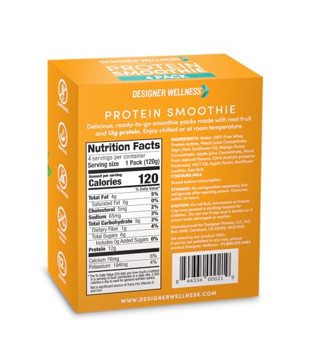 Designer Wellness Protein Smoothie, Real Fruit, 12g Protein, Low Carb, Zero Added Sugar, Gluten-Free, Non-GMO, No Artificial Colors or Flavors, Peach Mango, 24 Count