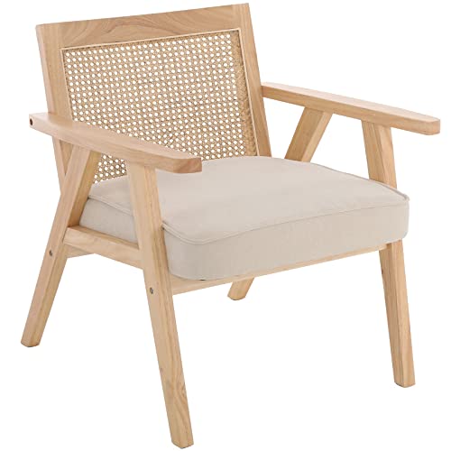 ZHENGHAO Mid Century Modern Accent Chair Upholstered Lounge Armchair with Mesh Back Retro Wooden Rattan Chair for Living Bedroom Office Reception (Light Beige) ZHENGHAO Mid Century Modern Accent Chair Upholstered Lounge Armchair with Mesh Back Retro Wooden Rattan Chair for Living Bedroom Office Reception (Light Beige)