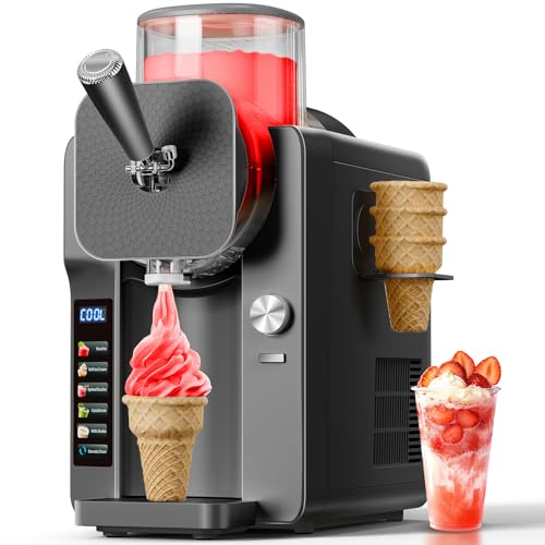 2-IN-1 Slush Machine & Ice Cream Maker Machine, 6 Modes for Smoothies, Milkshakes, Cocktails, Margarita, and Ice Cream, Double-Layer Tank, With Ice Cream Cone Holder, Self-Cleaning, For Home Use, Grey