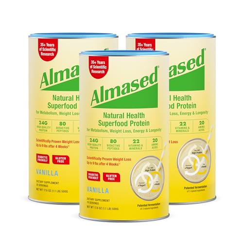 almased vanilla meal replacement shake - low-glycemic high plant base protein powder- nutritional weight health support supplement - vanilla flavor - 176 oz 11 pound 3 pack