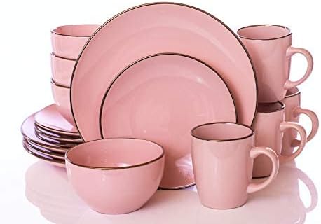HOMD 16-Pieces Stoneware Dinnerware Set, Dinner Set, Kitchen Dinnerware Ceramic Crockery Set, Dinner Service Set for 4, Include Dinner Plate, Dessert Plate, Cereal Bowl and Mug (Pink)
