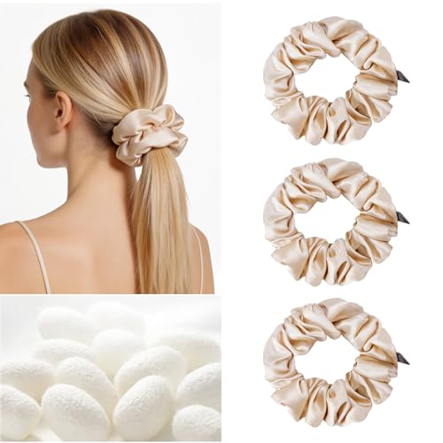 Image of THXSILK 100% Mulberry Silk Chunky Scrunchies 3-Pack, 25 Momme Mulberry Silk Hair Ties for Women, Thick Voluminous No Damage Hair Ties, Ponytail Holders for All Hair Types, Beige