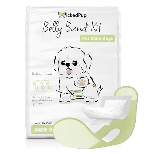 WICKEDPUP Male Dog Belly Band Kit, 50 Diaper Pads & 1 Reusable Male Wrap (Size 0 (10.5'-14' Waist))